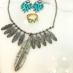 Feather necklace,ring,earrings set